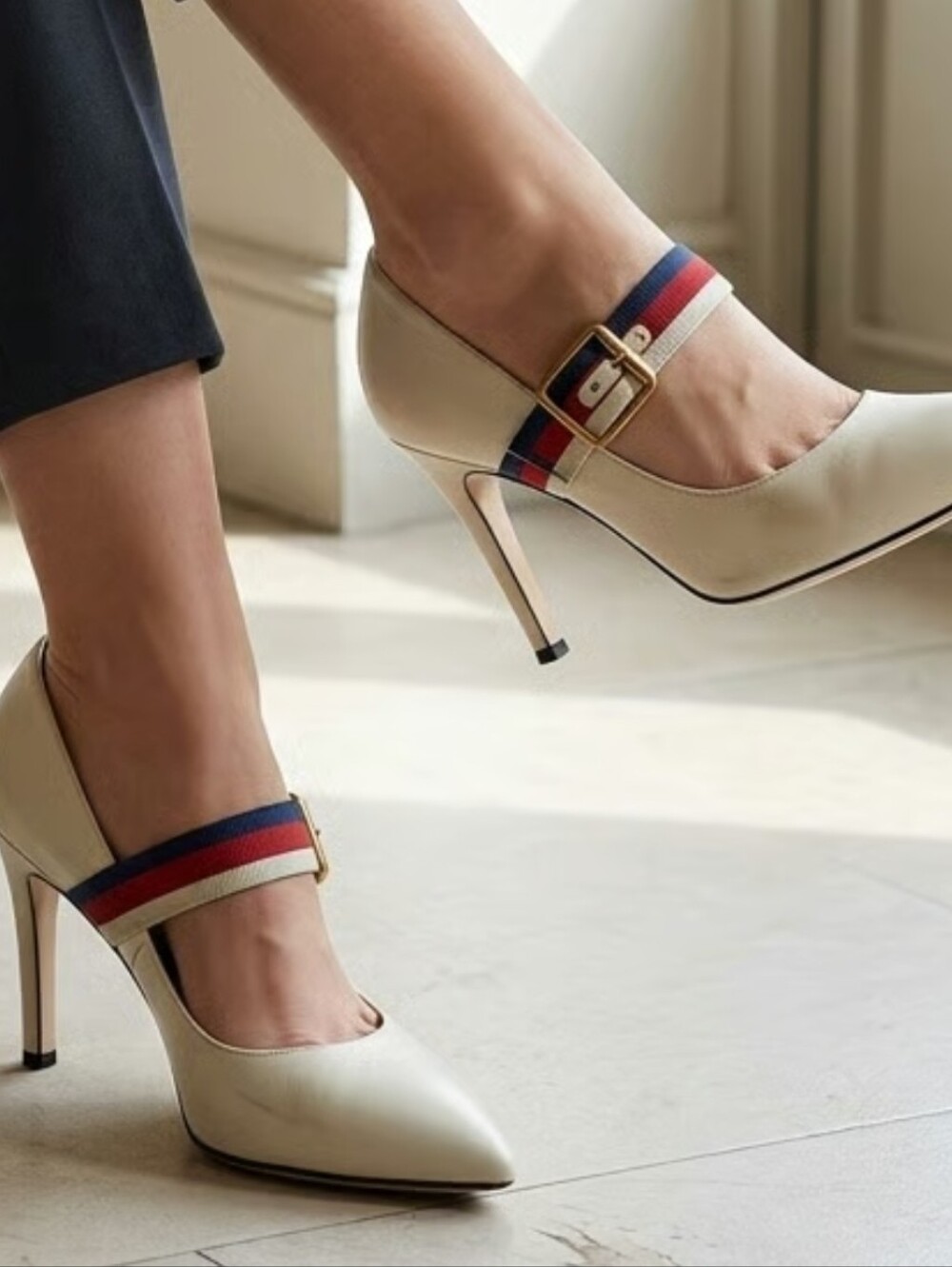 Gucci White Pointed-Toe Mary Jane Pumps with Red and Blue Stripe